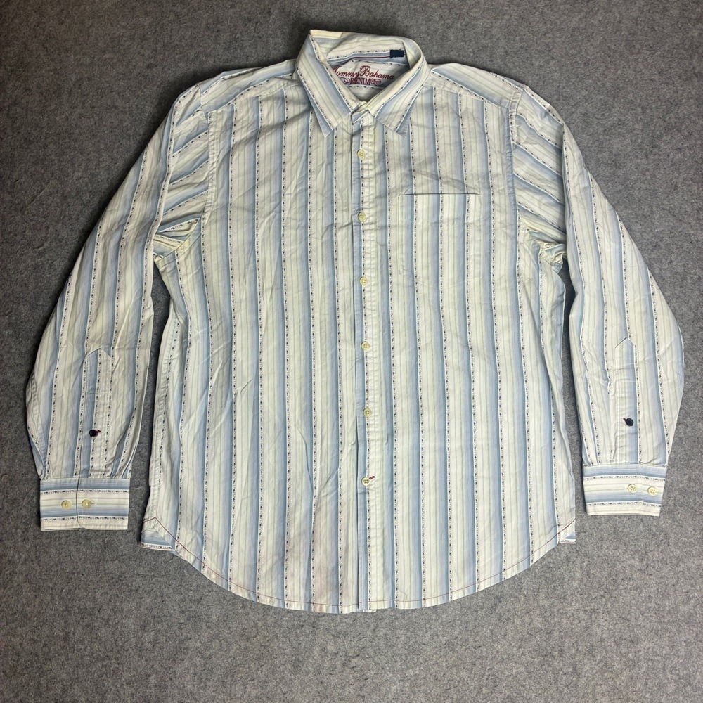 Tommy Bahama Denim Shirt Mens L Blue White Stripe Long Sleeve Good Cotton Casual
